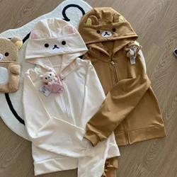 Hoodie de Rilakkuma estilo japonês feminino, jaqueta de manga comprida, puro algodão, moletom com zíper fofo, Y2K, Harajuku, slim fit, outono