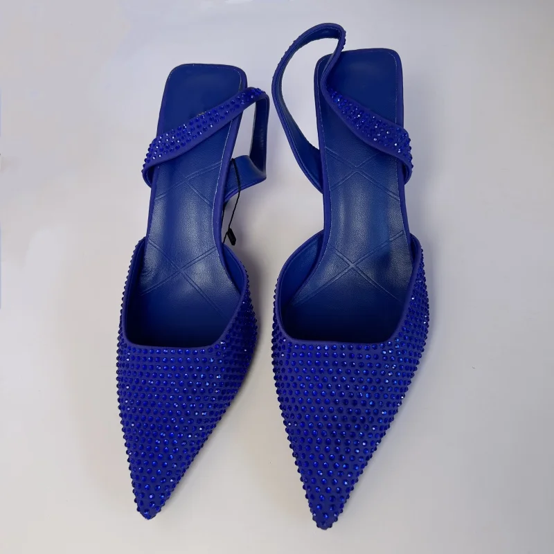 TRAF, zapatos de tacón alto azules de talla 42 para mujer, zapatos de tacón con diamantes de imitación ostentosos a la moda, zapatos de fiesta, sandalias sin talón para mujer