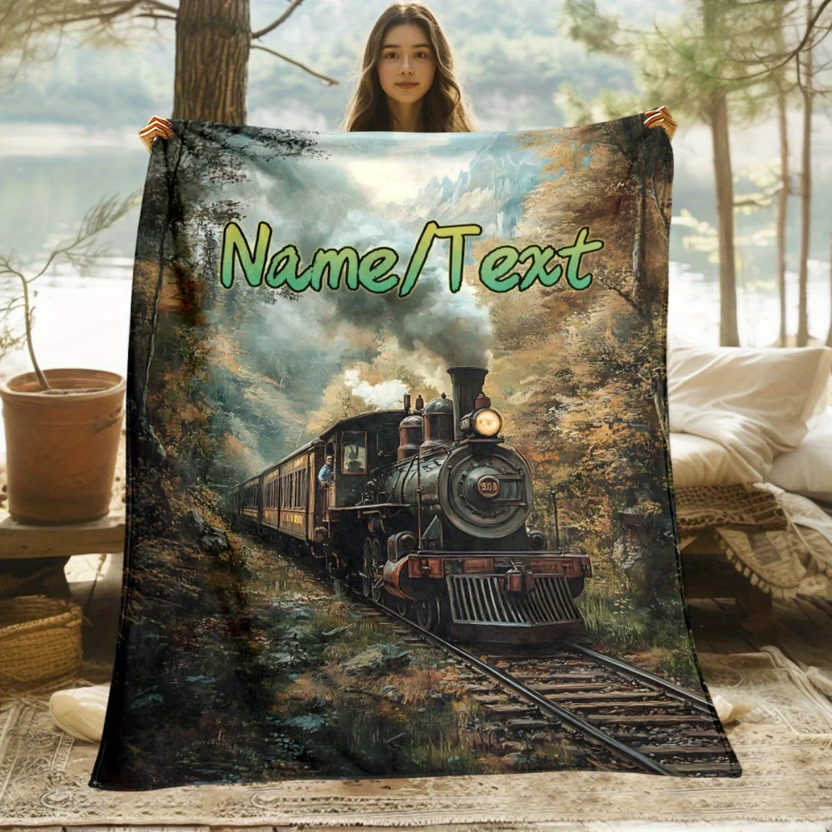 1pc Personalized Custom Name/Text Vintage Steam Train in Forest Blanket - Soft Lightweight Flannel Throw with Custom Text, All-S