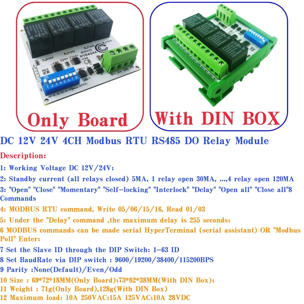 

DC 12 В 24 В 4 канала Modbus RTU RS485 DO релейный модуль промышленного класса DIP-переключатель параметров с DIN-боксами