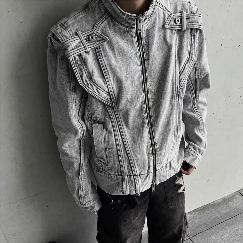 

American High Street Fashion Retro Y2k Coat Spring And Autumn Motorcycle Heavy Industry Stitching Washed Design Denim Jacket Men