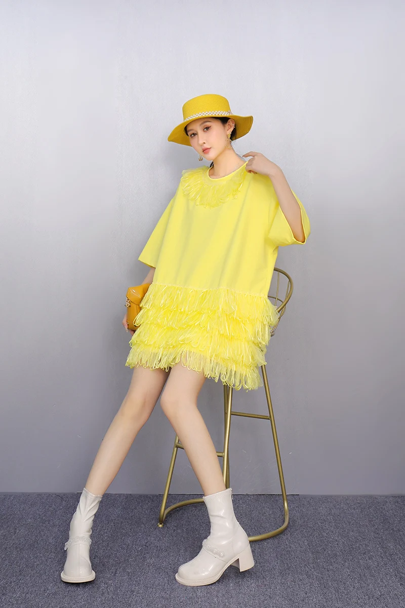 2025 Wiosna Lato Moda Eleganckie O-Neck Luźne Długie T-shirty Sukienki Kobiety Siatka Puszysta Sukienka Ladies J1090