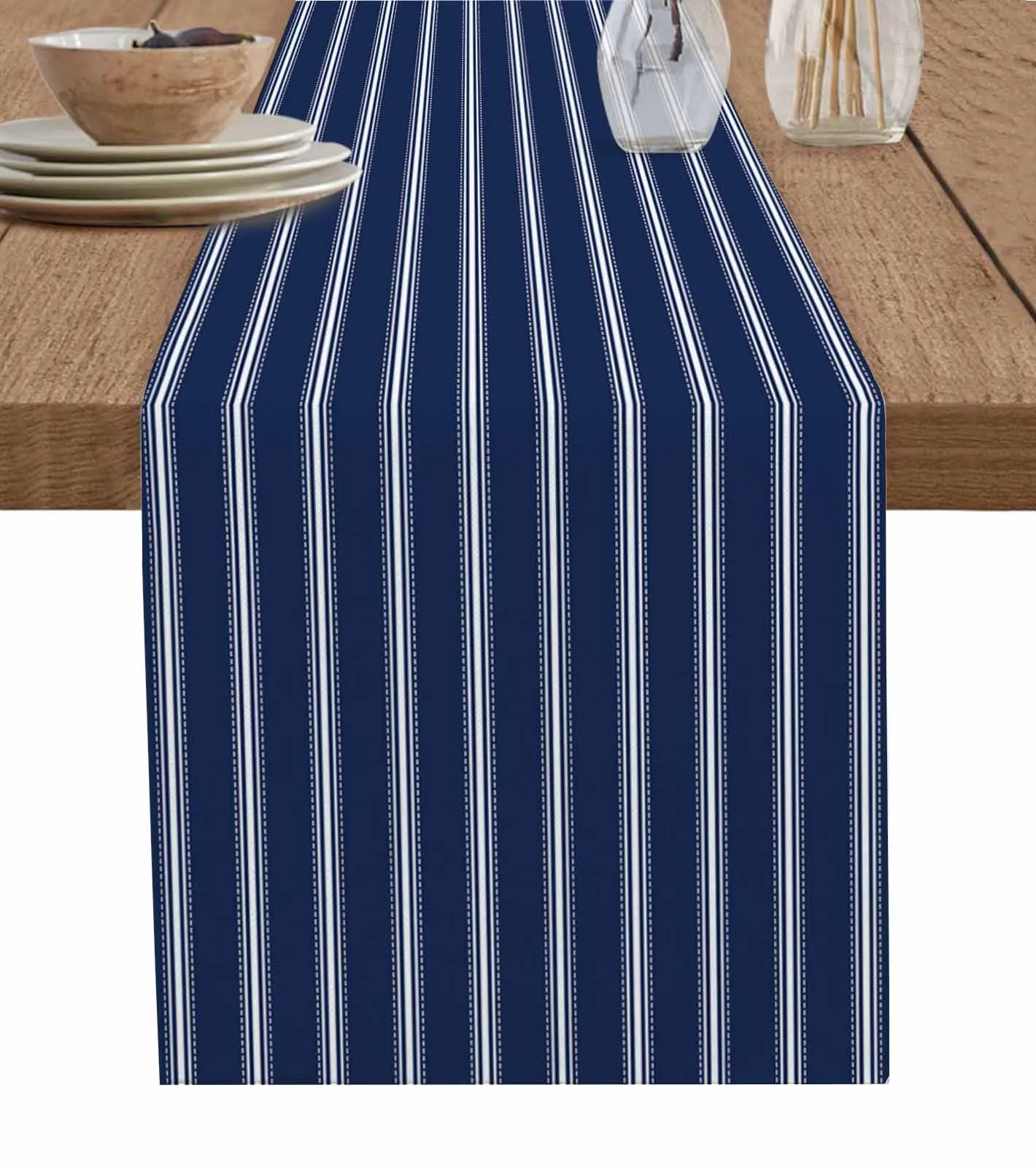 Striped Navy Blue Background Table Runner Cotton Linen Wedding Table Decor Tablecloth Kitchen Decor Table Runner