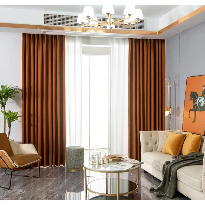 Light Luxury Retro Pumpkin Orange Wheat Grain Textured Velvet Nordic Curtains Living Room Bedroom Balcony Blackout Curtains