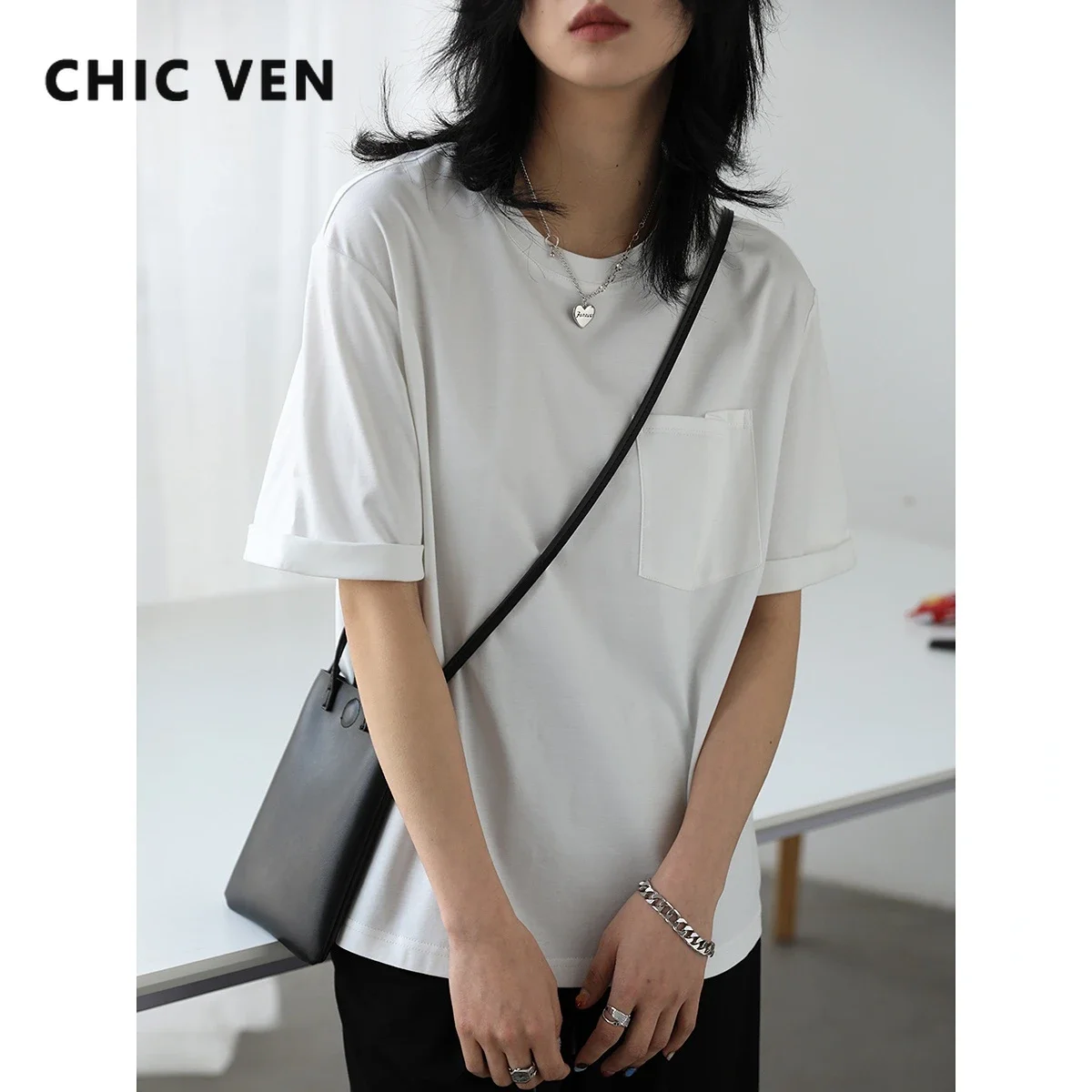 CHIC VEN-T-shirt à Manches Courtes et Col Rond pour Femme, Basique, Solide, Cool, Décontracté, Vêtements d'Été, 2023