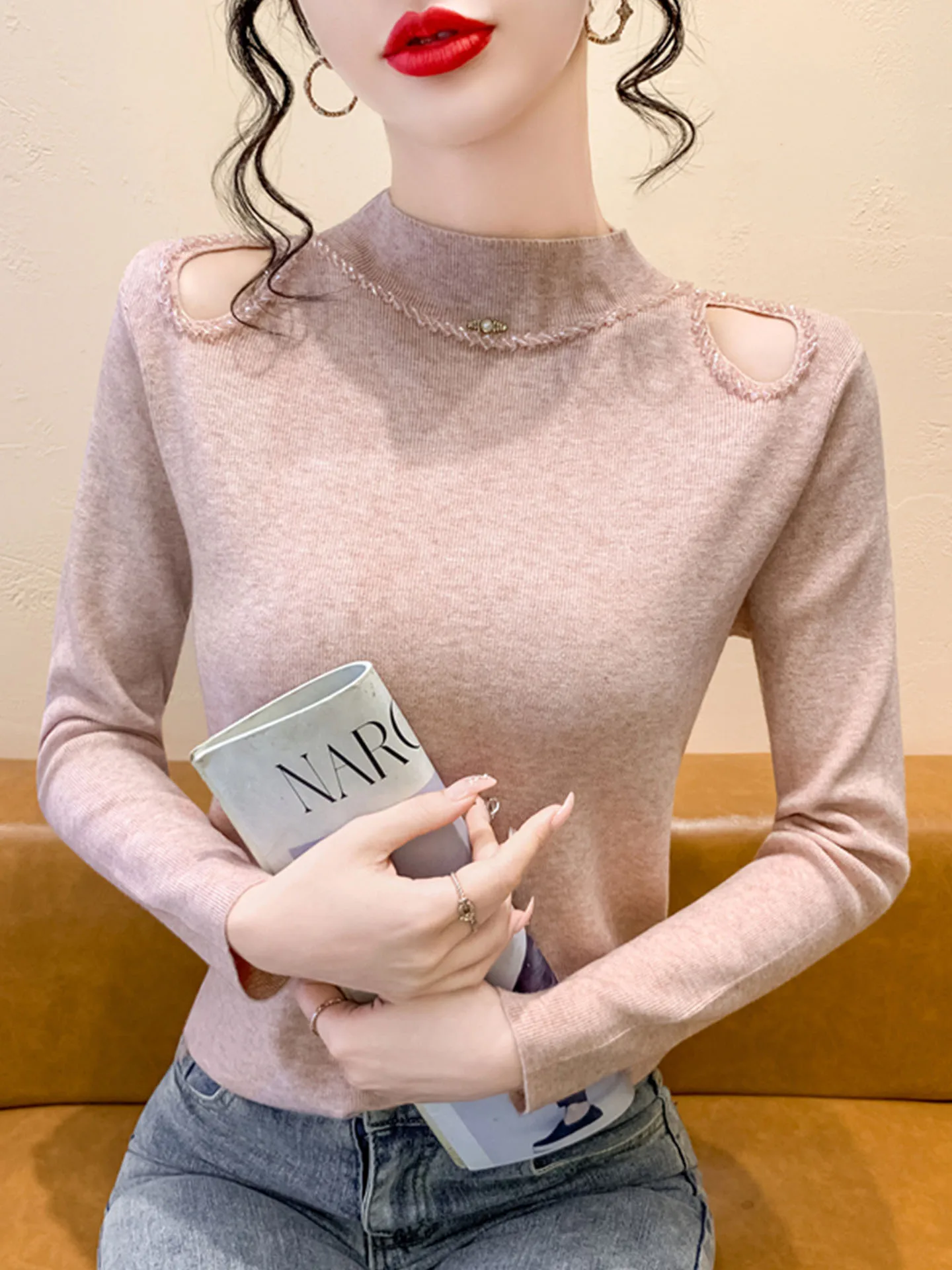 Seksowny sweter z odkrytymi ramionami, długi, dzianinowy, damski, dopasowany, z wysokim kołnierzem, warstwa bazowa, zimowy, jesienny, zdobiony koralikami, ciężki top.