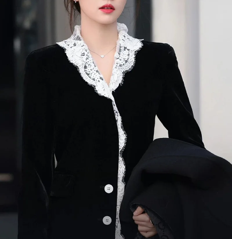 Fashion Loose Velvet Blazer Jacket for Women's Lace Collar Spliced Single breasted Temperament Small Fragrant Style Coat