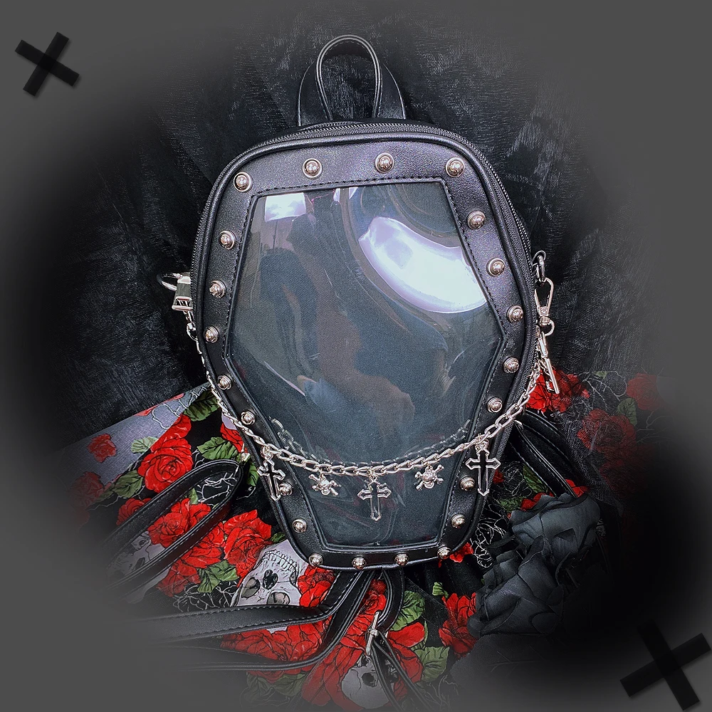 Gothic Punk Sargform Ita Tasche Damen Klare Rucksäcke Dark Lolita Handtasche und Umhängetasche Mädchen Cosplay Designer 2-Einsatz – Detail 17
