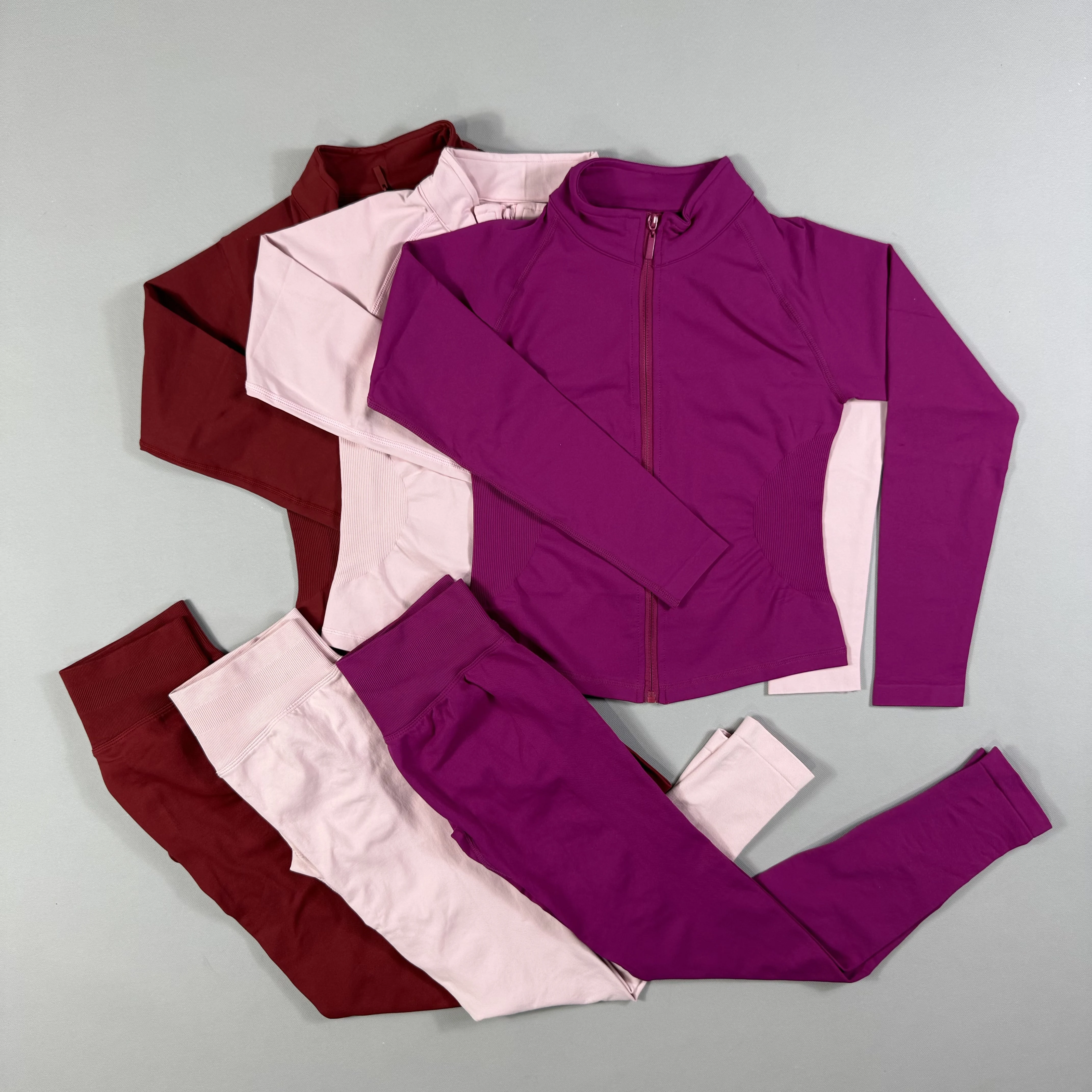 

DF-Women 2pcs Yoga Sets Long Sleeve Jacket Sport Top With Zip High Waisted Leggings Fitness Suits Seamless Running Workout Set