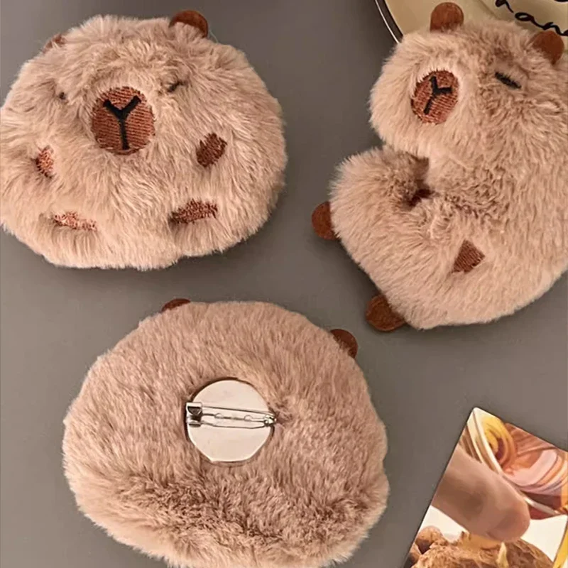 Cute Cartoon Capybara Plush Doll Brooch Bag Decoration Creative Fluffy Animals Stuffed Badge Pin For Women Birthday Gift