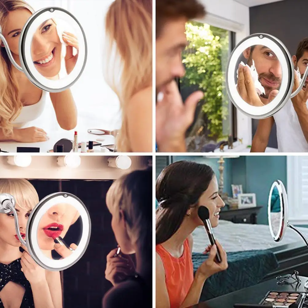 Miroir de maquillage Flexible à col de cygne avec lumière LED, miroir grossissant 10X, ventouse, lumière diffuse brillante et pivotant à 360 degrés