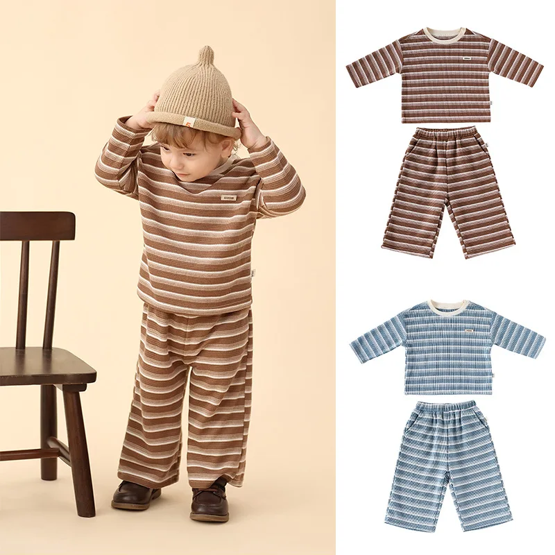 

Nordic Style Baby Outfit New A-Line Long Sleeve Striped Autumn Set Trendy Boys Girls Two-Piece Ensemble for Outdoor Wear