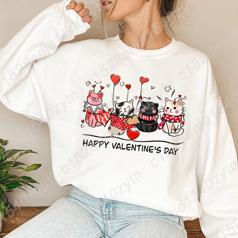 

Cat Happy Valentine's Day Print Women Pullovers Ladies Autumn Winter Long Sleeve Sweatshirt New Fashion Soft Hoodless Sweatshirt