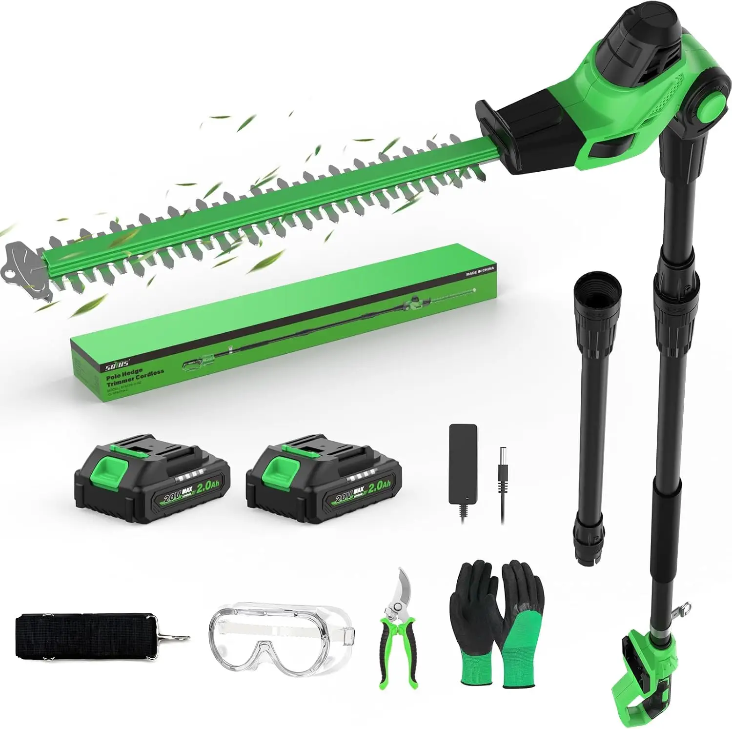 20V Cordless Pole Hedge Trimmer with 18-Inch Blade and Extension Pole