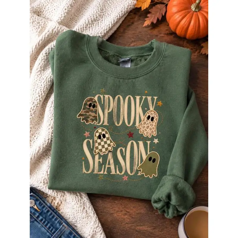 Plus-Size Halloween Crewneck Sweatshirt – Leopard, Camo, and Plaid Ghost-Print Tops for Autumn