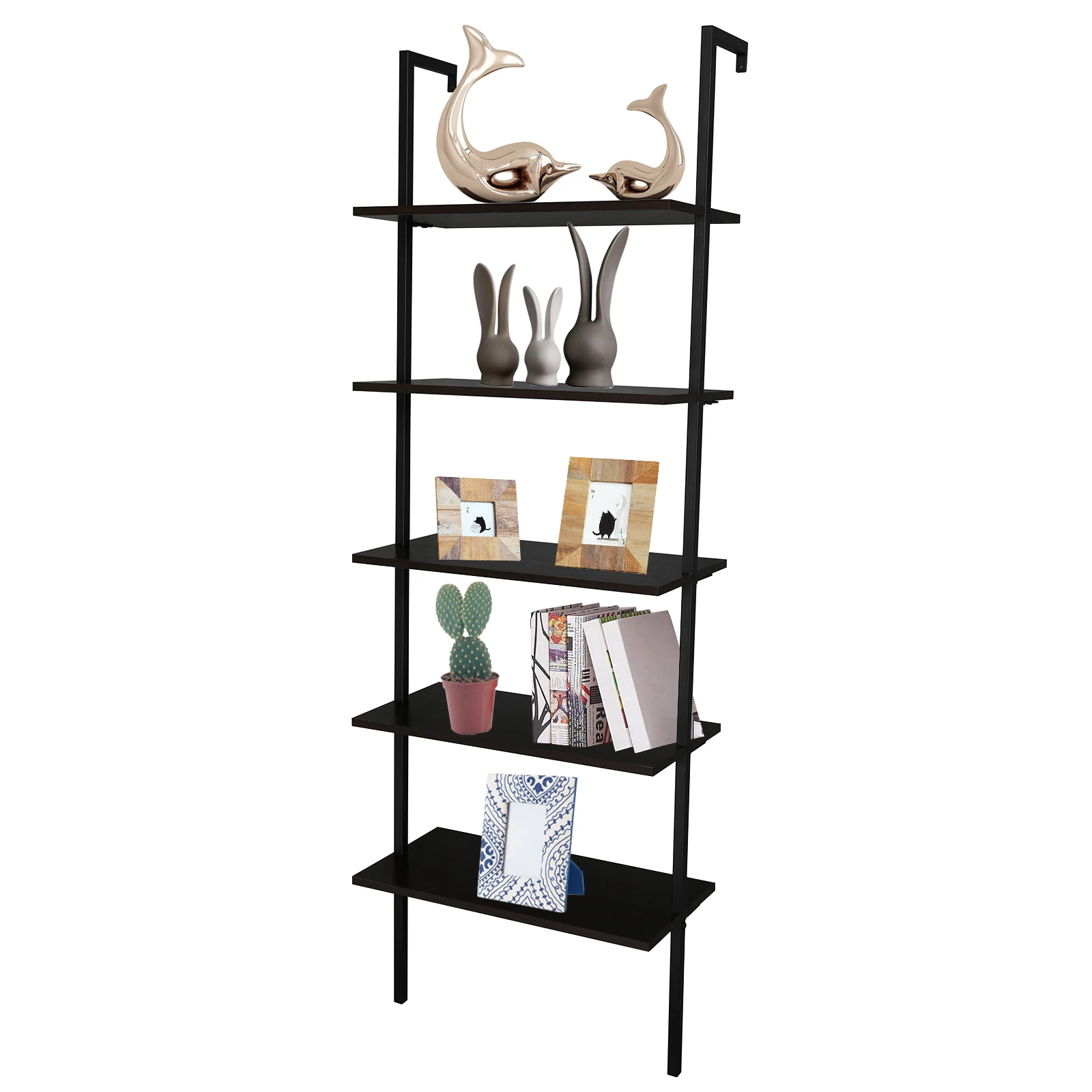 5-Shelf Houten Ladder Boekenkast Met Metalen Frame, Industriële 5-Tier Moderne Ladder Plank Houten Planken, Donkere Walnoot