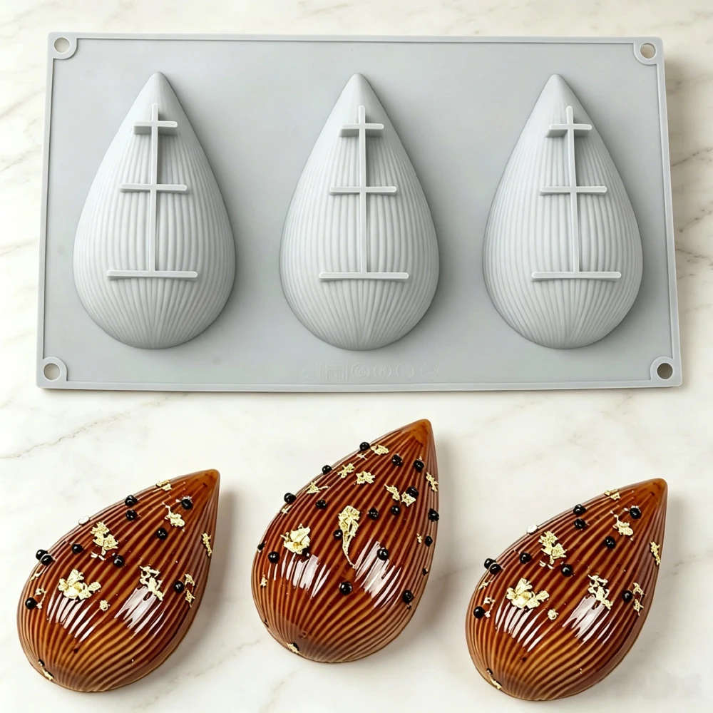 3-Cells Striped Shell Design Easter Egg Silicone Cake Mold Hand Drawn Easter Egg Chocolate Mould Easter Day Dessert Baking Tools