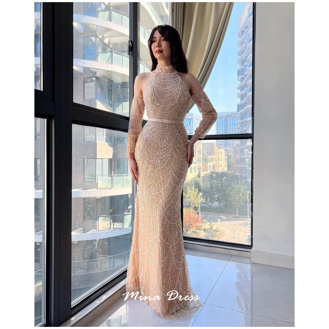 

Mina Customized Beads Women's Evening Dress Sequins. Turtle Neck Sleeveless Dresses Gala Backless Dresses for Special Occasions