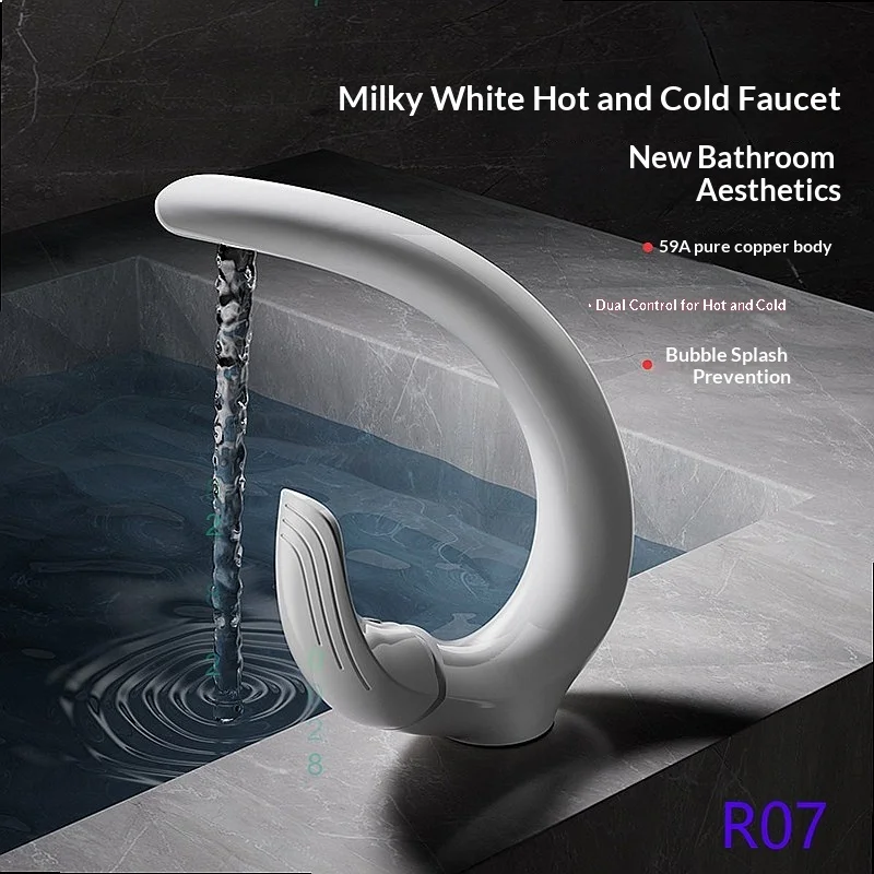 Modern White Solid‑Brass Waterfall Basin Faucet, Hot & Cold Water Mixer Tap for Home Bathroom Use