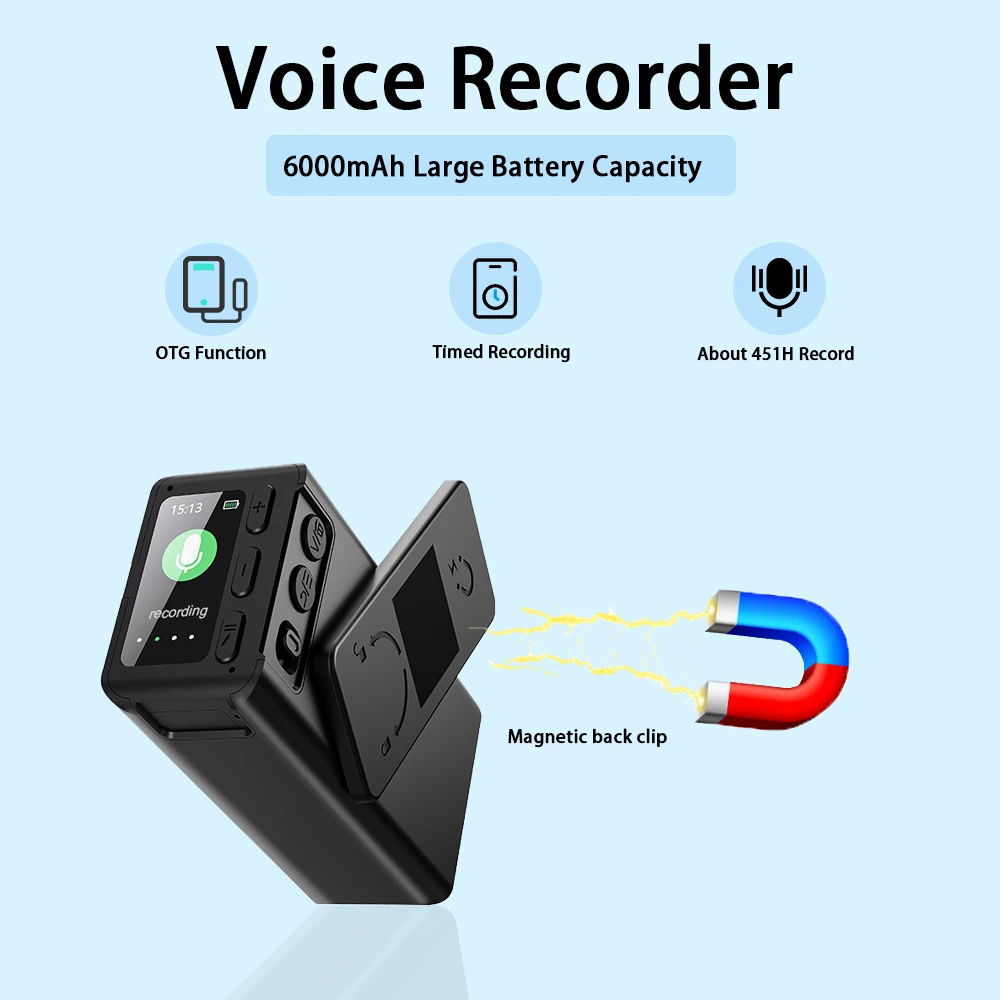 Vandlion V79 Voice Recorder 6000mAh Large Battery Capacity HiFi 451H Recording OTG WAV 1536kbps Magnetic Back Clip Dictaphone