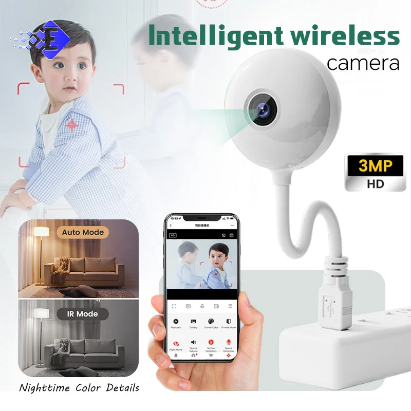 For Baby Monitor Usb Plug Ip Surveillance Ai Auto Tracking Babe Cam Sirens Lights 3MP Mini Wifi Camera Indoor Security Camera