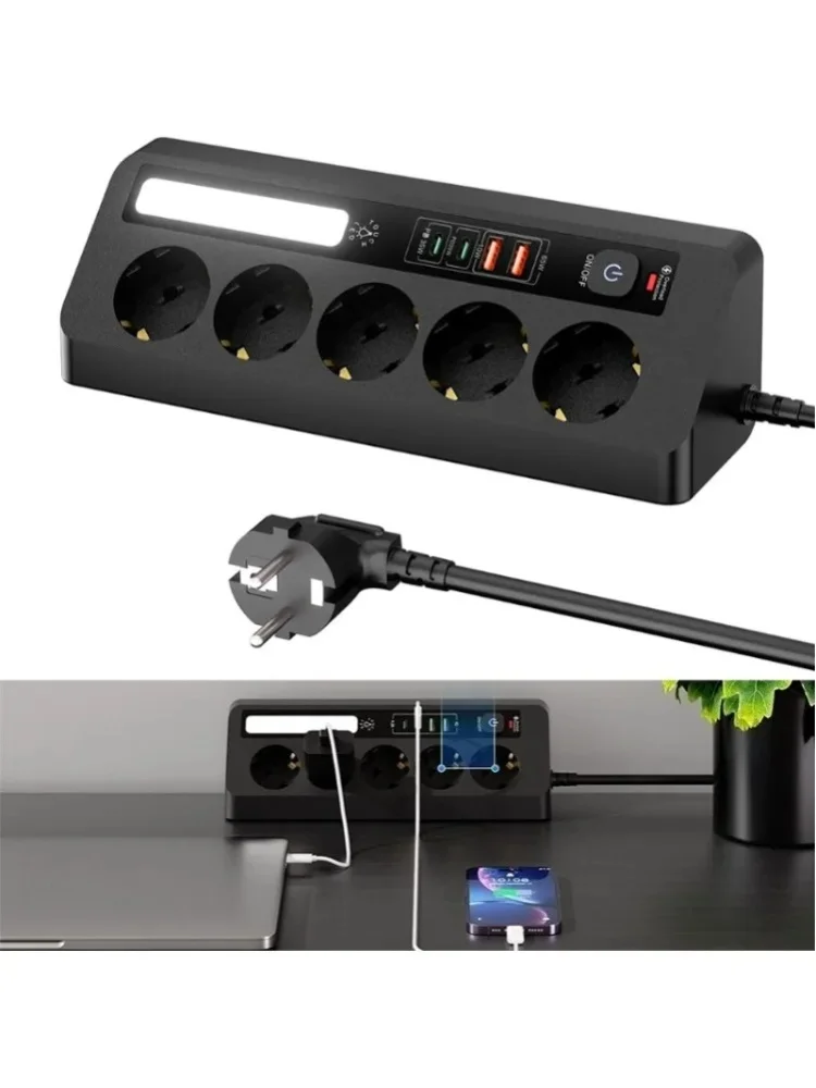 Gniazdo narożne do stołu, gniazdo wielogniazdowe, panel gniazdowy do montażu na ścianie, listwa zasilająca z 5 gniazdami, 2 portami USB, 2 portami USB-C, listwa zasilająca 90 ° Trójkątny wzór — 2