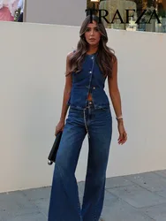 TRAFZA 2024 Summer Women Fashion Denim Trousers Suits V Neck Short Vest Top + Versatile Streetwear Female Wide Leg Long Pant