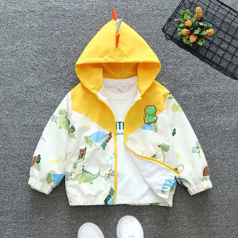 Spring Autumn Baby Boys Coats Full Print Cartoon Dinosaur Splicing Hooded Windbreak For 1-6 Years Kids Handsome Outwear