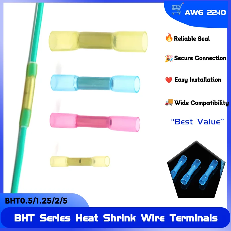 

BHT0.5 BHT1.25 BHT2 BHT5 For Waterproof Butt Crimp Copper Insulated Connectors WireTerminal Heat Shrinkable Tube AWG22-10