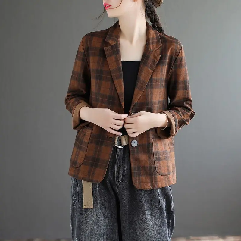 Vintage Cotton Linen Plaid Blazer For Women Spring Autumn Casual Slim Fit Long Sleeve Short Women's Jackets Coats
