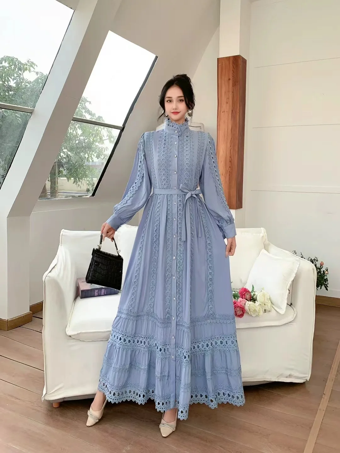 

Elegant Long Sleeve Lantern Dress High Waist A-Line Hollow out Single Button Long Dress Retro Court Style Cotton Commute