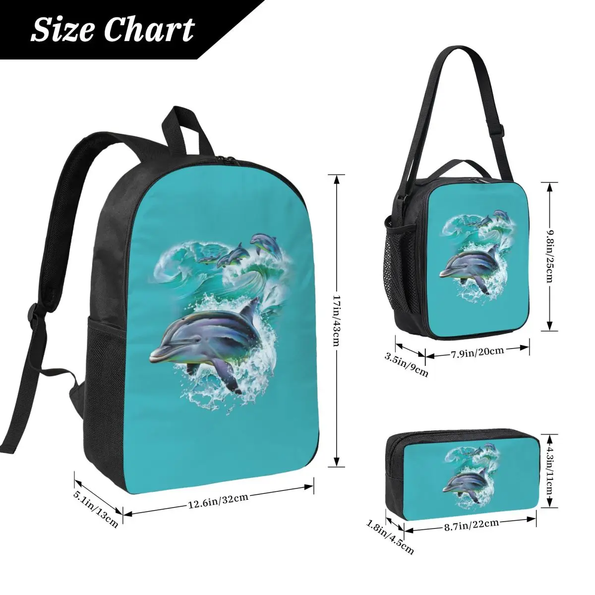 Dolphins Catching Waves Backpack Student BookBag School Bag Computer Shoulder Bags 3ps Insulated Lunch Bag Pencil Case