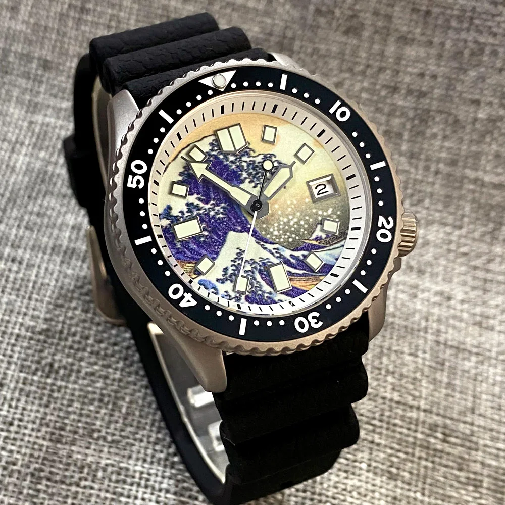 20ATM Titanium Tandorio 41mm NH35A Kanagawa Dial Auto Men Diver Watch Sapphire Glass Date Full Luminous Roating Bezel 120 Clicks