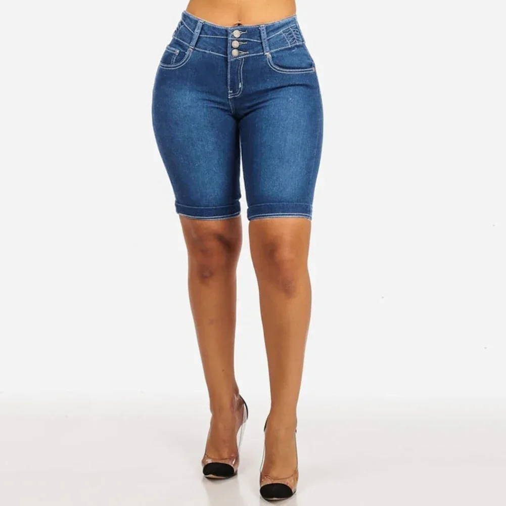 New Sexy Women Skinny Denim Shorts High Waist Stretch Bodycon Jeans Slim Button Shorts Ladies Knee Length Stretch Short Jeans