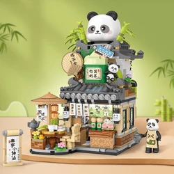 Cute Panda Tea House Mini Building Blocks City Street View Folding Store Assembled Ornaments for Adults and Children Toy Gifts