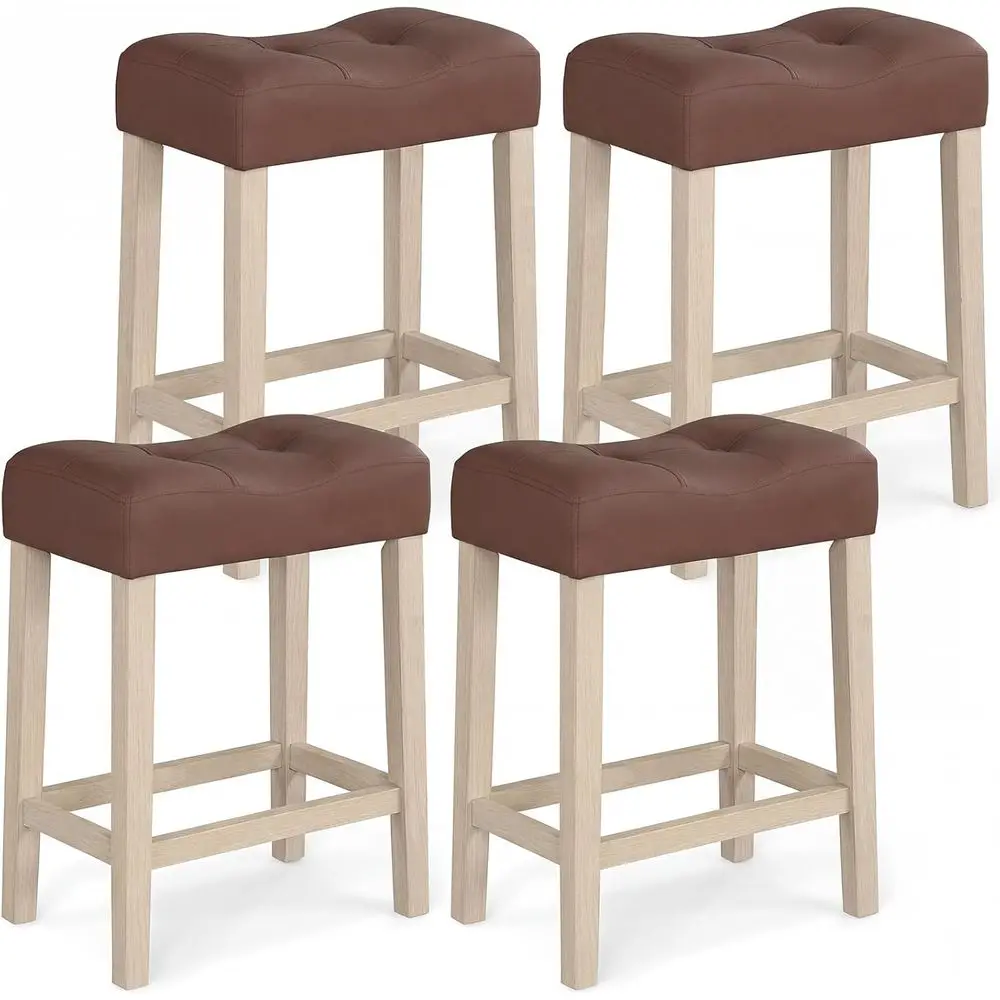 

Set of 4 24-inch Counter Height Wooden Bar Stools with Upholstered Seats, Padded Backs, and Natural Finish