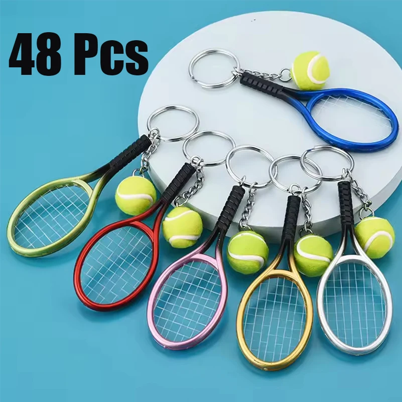48Pcs Simulation Tennis Racket Keychains Sport Accessory Charms for Backpack Zipper, Tennis Club Favors & Athletes Small Gifts