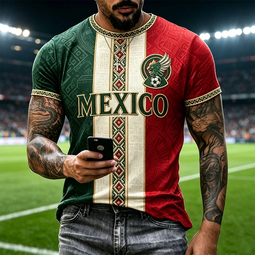 Mexiko Grün-Weiß-Rotes Trikot Fußballtrikot 3D-Druck Kurzarm Herren Sport-Fan-T-Shirt Freizeit-T-Shirts für Kinder Familien-Partnerlook