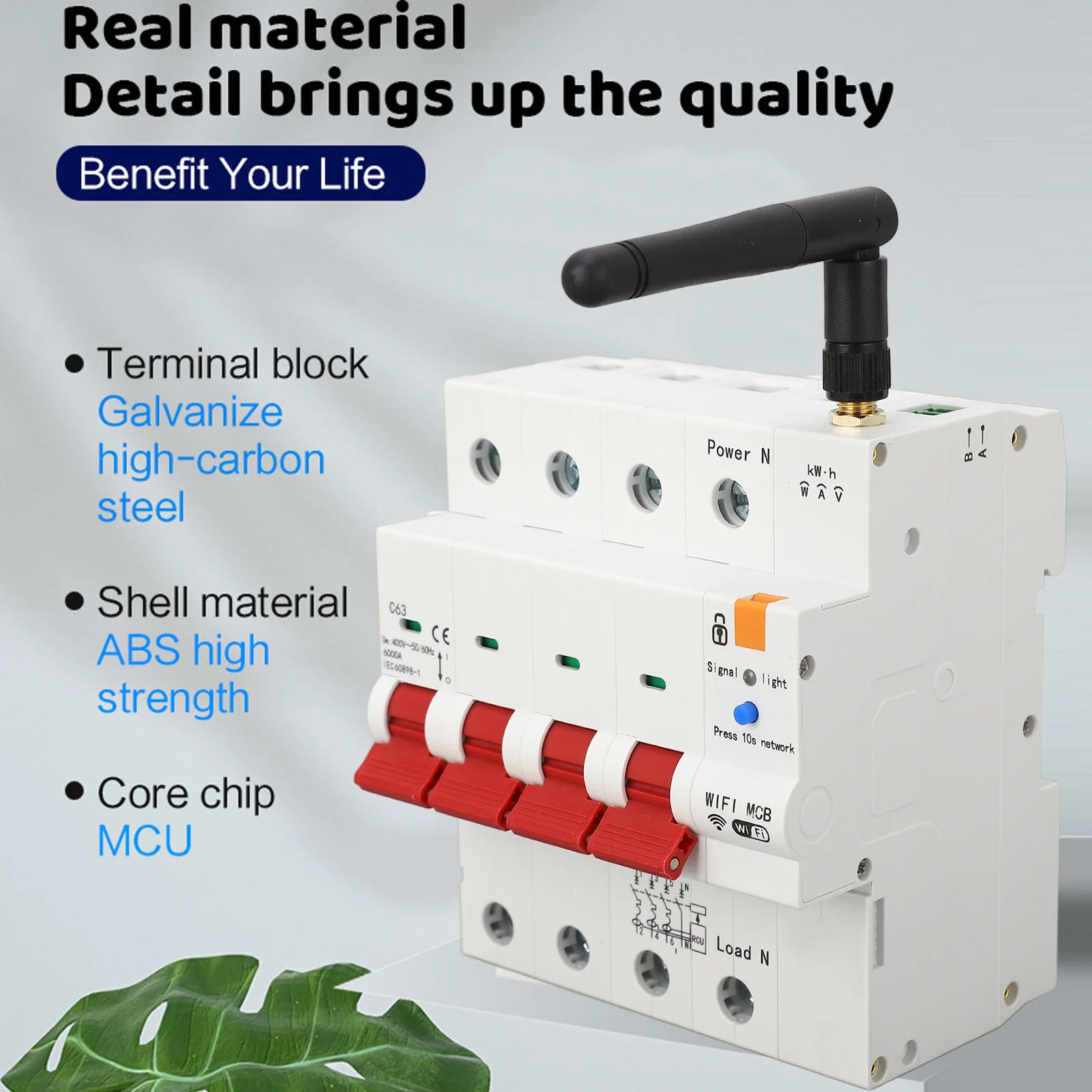 

WiFi Circuit Breaker 4P Leakage Protection Switch Remote Control Electricity Metering Switch AC400V 50/60HZ 63A