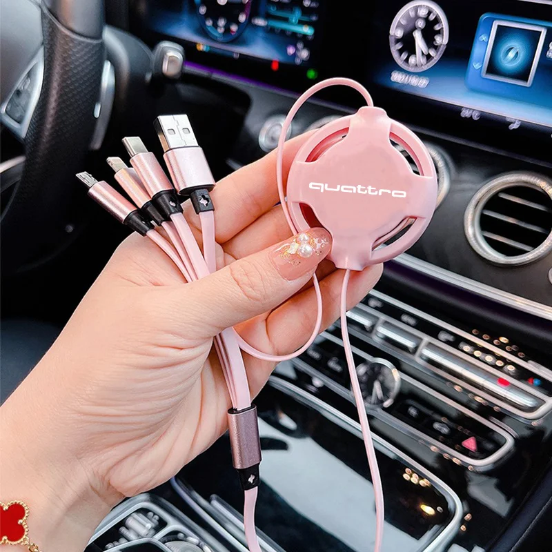 100w Fast Charging Car 3 In 1 Retractable Micro Data Wire USB Type C for Audi Quattro Logo A3 A4 A5 A6 A7 Q3 Q5 Q7 S3 S4 S5 RS3 