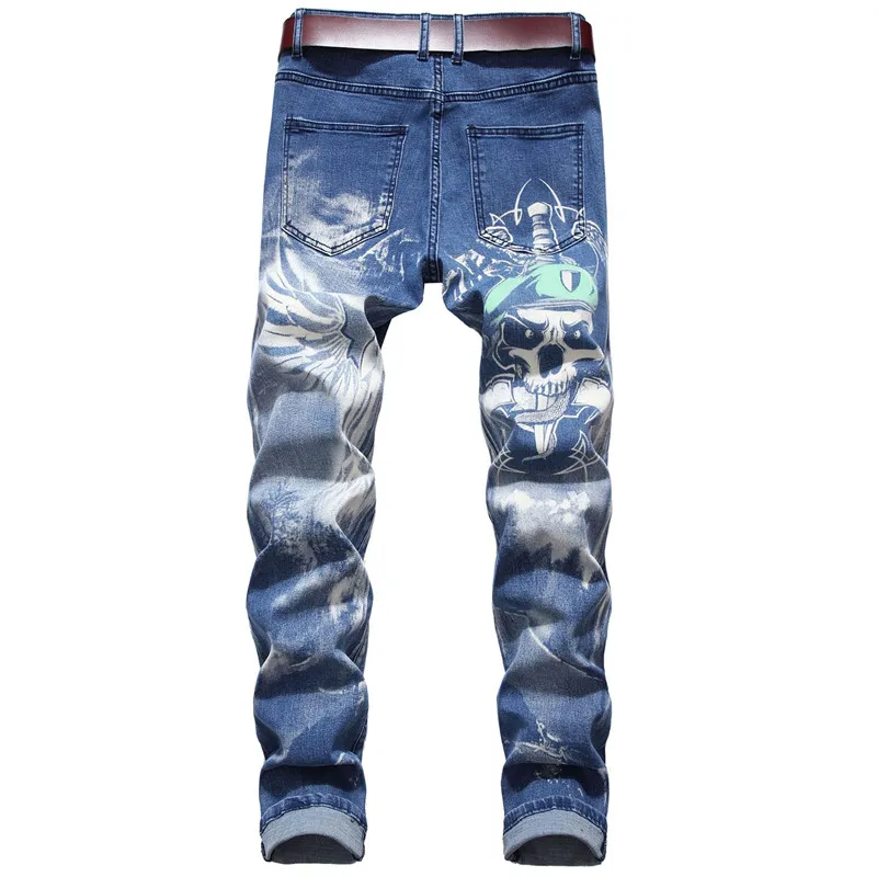 Blue Men's Jeans 3D Digital Print Stretch Denim Pants Blue Black White Trousers Men Fashion Slacks 28-34 36 38 40 42