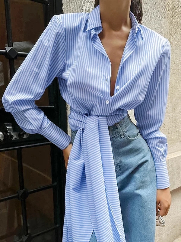 Krismile Women Party Evening Shirt Long Sleeves Loose Buttoned Pleated Split-Joint Striped Tied Waist Lapel Blouses&Shirts Tops