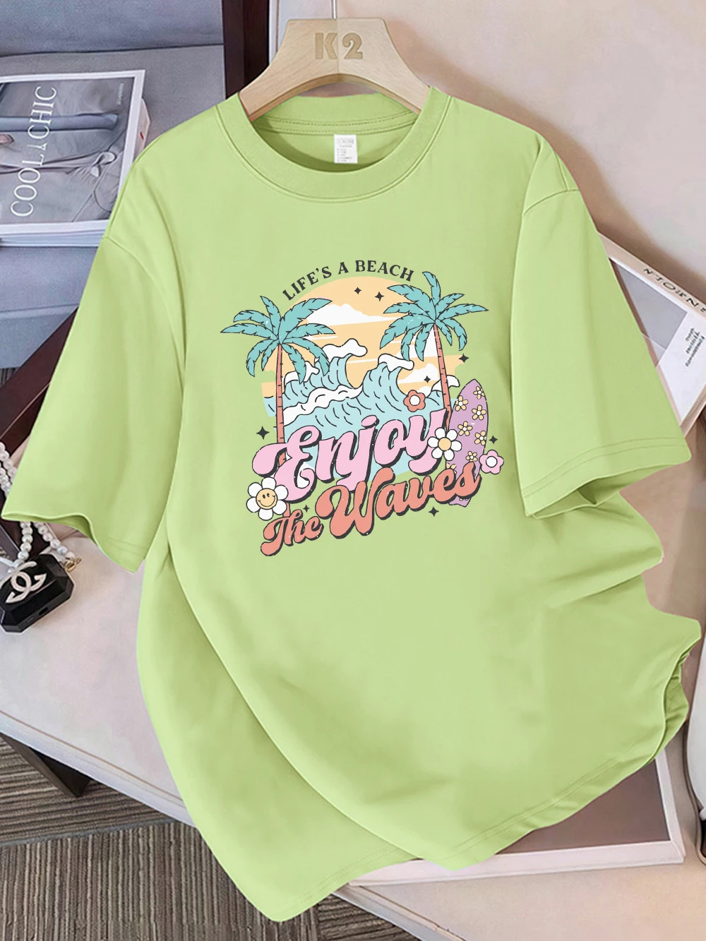 Women T-Shirt Cotton Summer Enjoy The Wave Life'S A Beach Printed T Shirt O-Neck Comfortable Loose Tops All-Match Woman Clothes