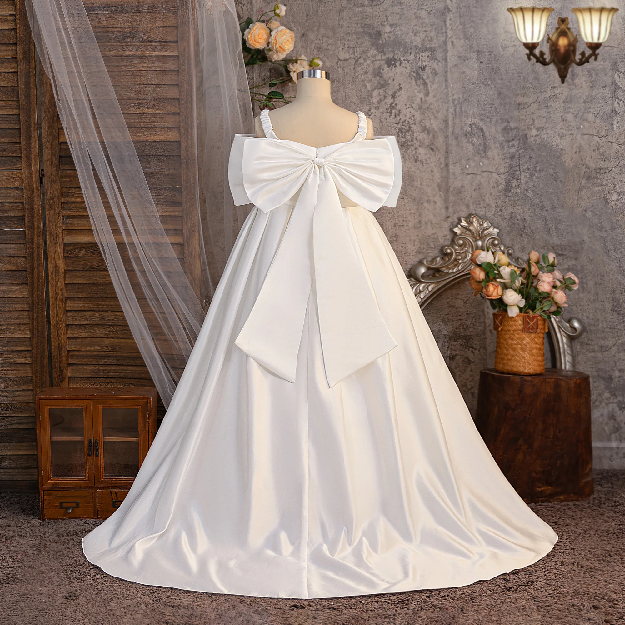 Elegantes Brautjungfernkleid für Mädchen mit großer Schleife, Sommer, nachgestellte Hochzeit, Prinzessin, Party, Ballkleider für Mädchen, Erstkommunion, Abendkleid
