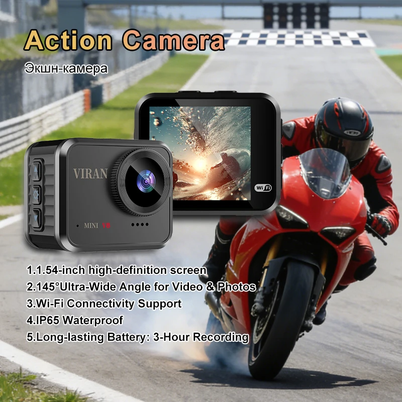 Mini Action Camera 1080P HD 16MP Long Recording Time WiFi 1.54 inch IPS Display 145° Wide Angle IP67 Waterproof Sports DV Cam