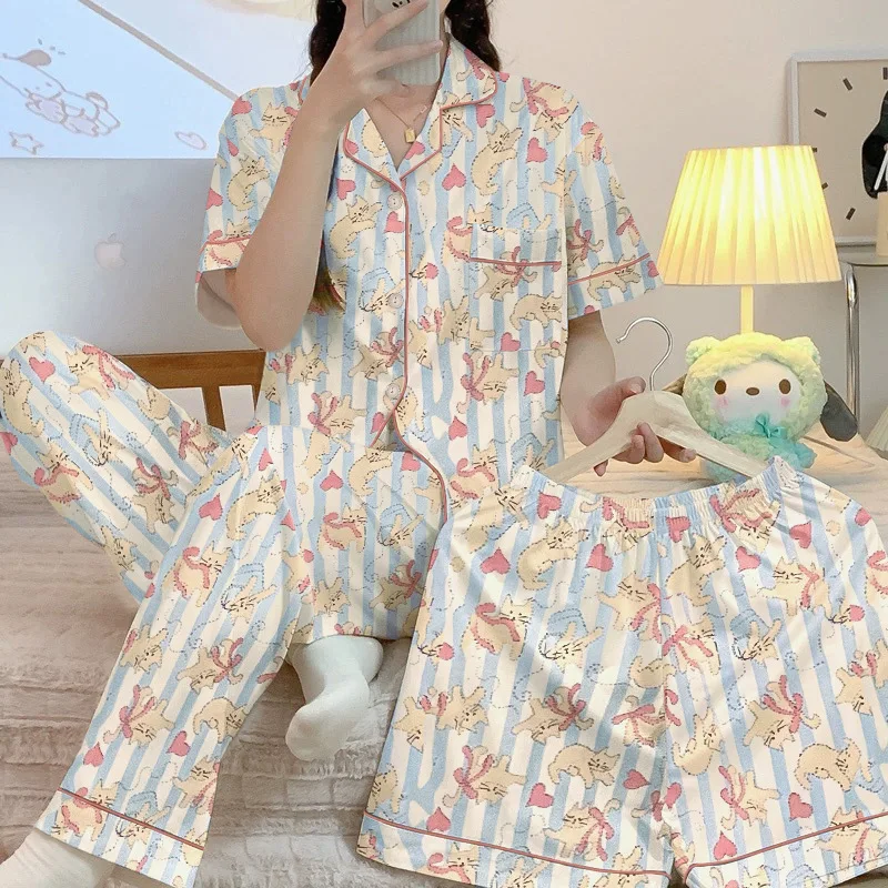 New Spring Three-piece Loose Cardigan Pajamas Short-sleeved Cartoon Lines Cat Lapel Loungewear Kawaii Pajamas for Youth Women