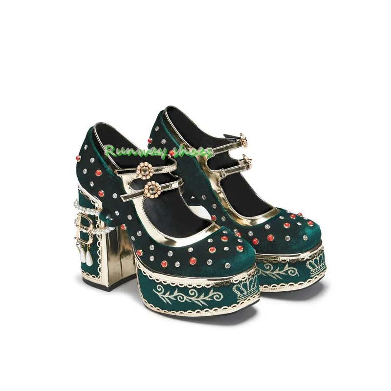 Christmas Red Velvet  Women's Shoes Round toe Chunky Heel Beaded Decorations Rhinestone-Studded Women's Shoes  Single Shoes