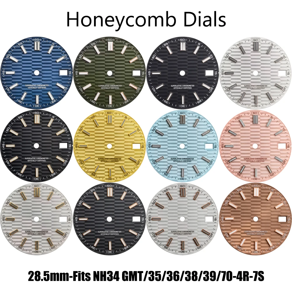 28.5mm Honeycomb Dial Fits NH35 NH36 4R35 4R36 6R35 BGW9 Lume Date Window Dial Mod Parts Watch Faces