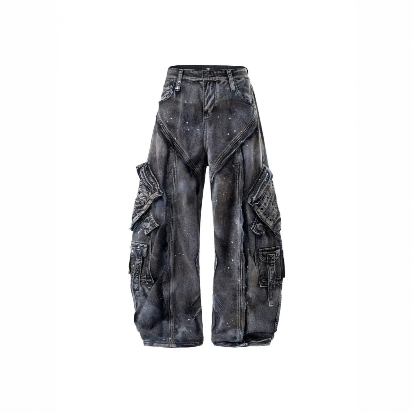 High Street Abandoned Soil Style Workwear Jeans Pants Men's Washed and Worn Splashed Ink Pocket Decoration Wide Leg Denim Pant