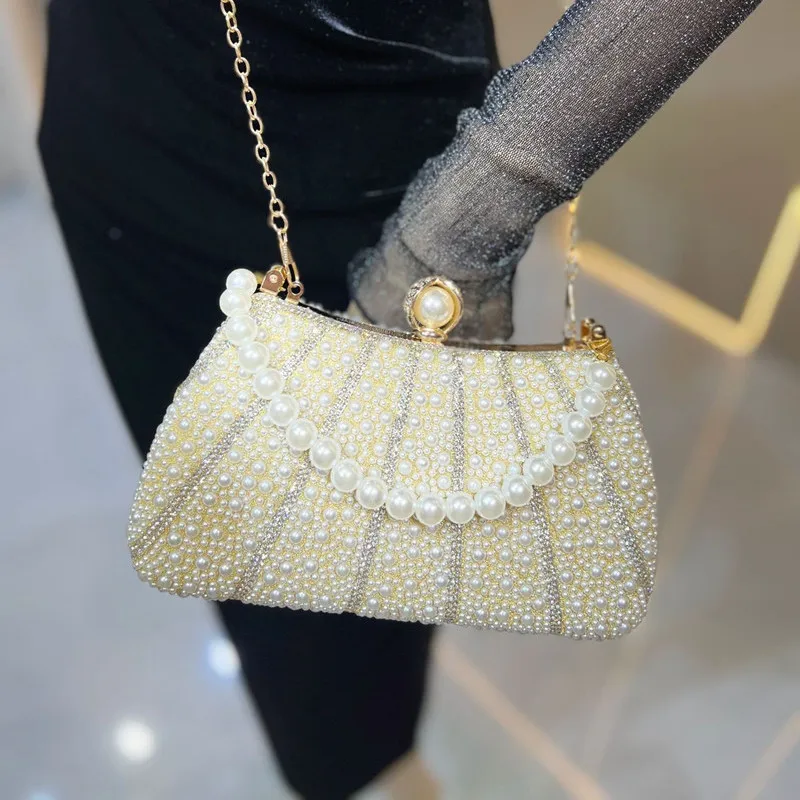 

2025 Fashion Handmade Full Pearl Diamonds Women Wedding Evening Clutch Bag High-end Design Party Handbags Portable Shoulder Bag